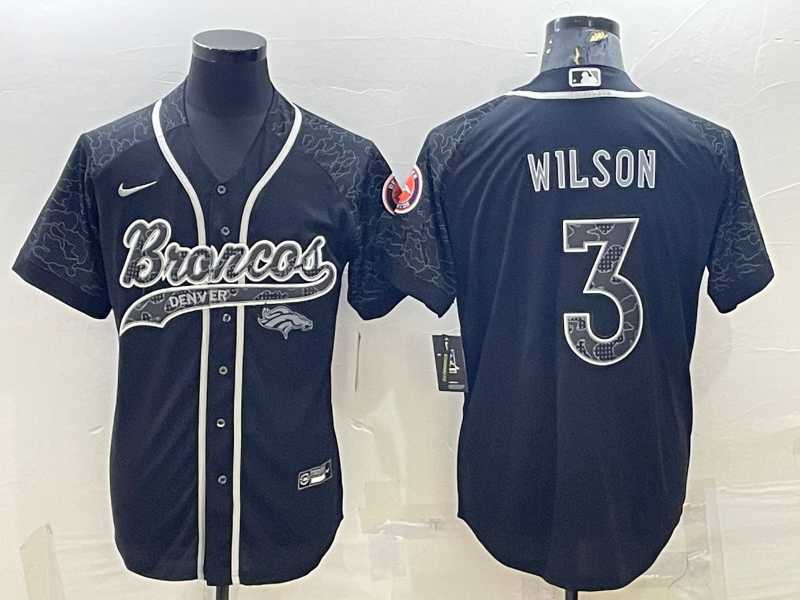 Mens Denver Broncos #3 Russell Wilson Black Reflective With Patch Cool Base Stitched Baseball Jersey